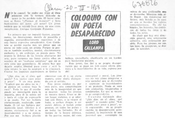 Coloquio con un poeta desaparecido  [artículo] Lord Callampa.
