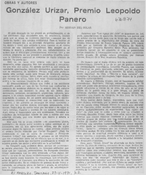 González Urízar, premio Leopoldo Panero  [artículo] Hernán del Solar.