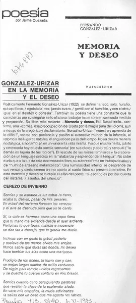 González-Urízar en la memoria y el deseo  [artículo] Jaime Quezada.