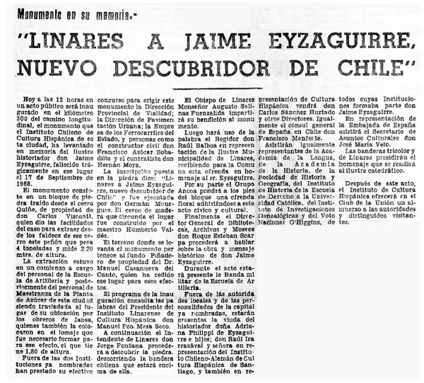 "Linares a Jaime Eyzaguirre, nuevo descubridor de Chile"  [artículo].