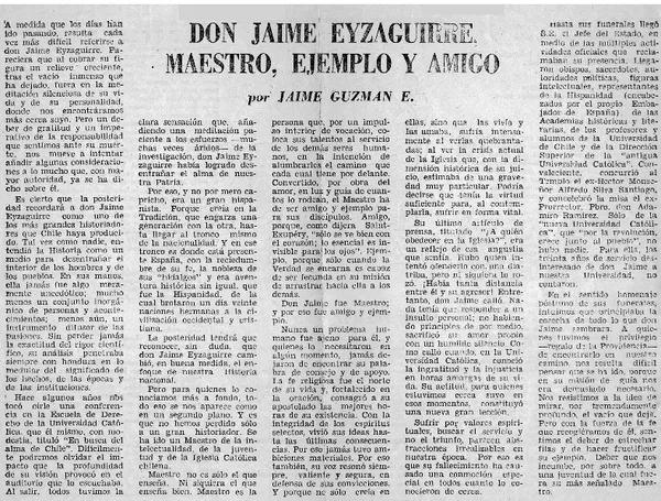 Don Jaime Eyzaguirre, maestro, ejemplo y amigo  [artículo] Jaime Guzmán E.