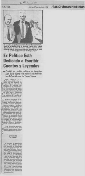Ex político está dedicado a escribir cuentos y leyendas.  [artículo]