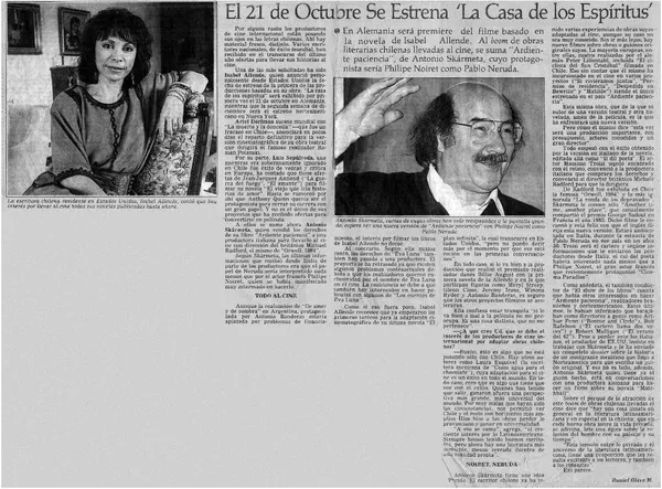 El 21 de octubre se estrena "La casa de los espíritus"  [artículo] Daniel Olave M.