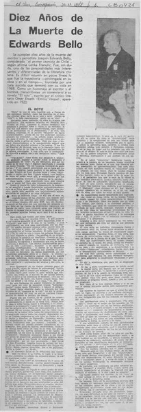Diez años de la muerte de Edwards Bello  [artículo].