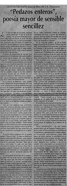 Pedazos enteros", poesía mayor de sensible sencillez  [artículo] Antonio Campaña.