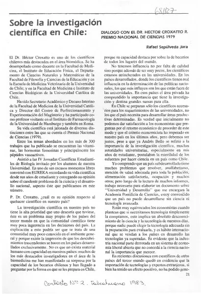Sobre la investigación científica en Chile : diálogo con el Dr. Héctor Croxatto R. premio nacional de ciencias 1979  [artículo] Rafael Sepúlveda Jara.