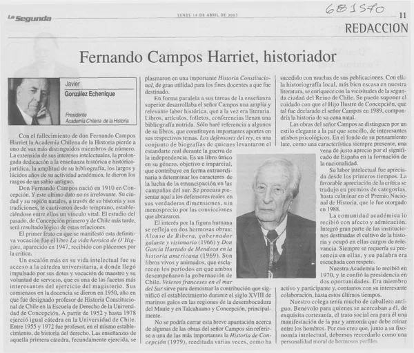 Fernando Campos Harriet, historiador  [artículo] Javier González Echenique.