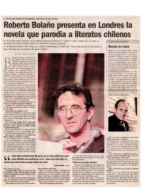 Roberto Bolaño presenta en Londres la novela que parodia a literatos chilenos : [Entrevista] [artículo] Paulina Toro.