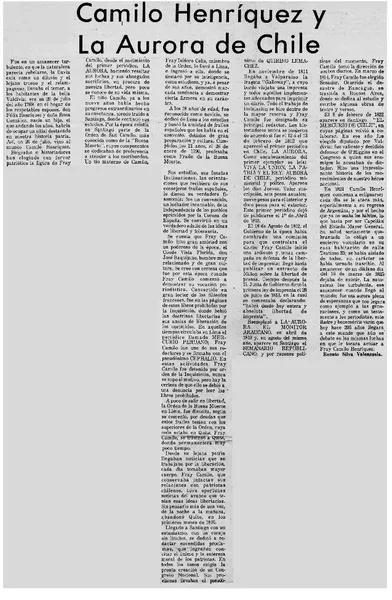 Camilo Henríquez y La Aurora de Chile  [artículo] Renato Silva Valenzuela.