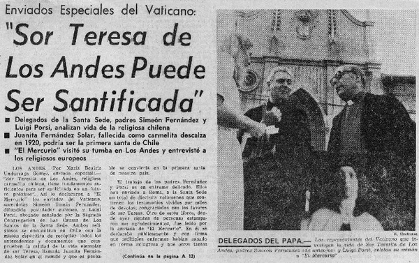 Sor Teresa de Los Andes puede ser santificada".  [artículo]