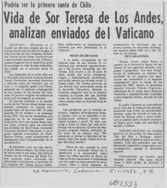 Vida de Teresa de Los Andes, analizan enviados del Vaticano.  [artículo]