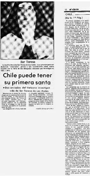 Chile puede tener su primera santa.  [artículo]