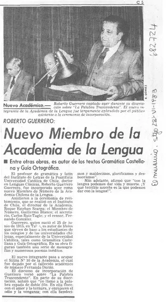 Nuevo miembro de la Academia de la Lengua.  [artículo]