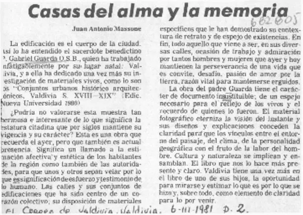 Casas del alma y la memoria  [artículo] Juan Antonio Massone.