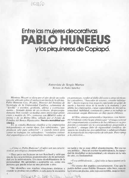 Entre las mujeres decorativas de P. Huneeus y os pirquineros de Copiapó [Entrevista] [artículo] Sergio Marras.