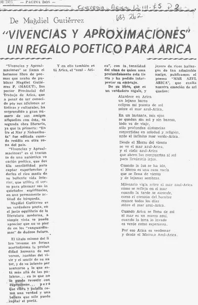 "Vivencias y aproximaciones" un regalo poético para Arica.  [artículo]