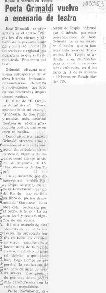 Poeta Grimaldi vuelve a escenario de teatro.  [artículo]
