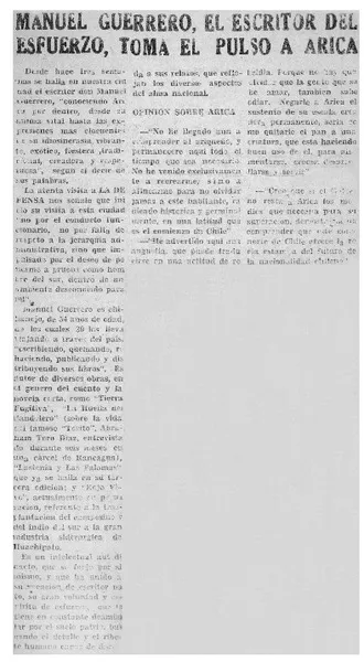 Manuel Guerrero, el escritor del esfuerzo, toma el pulso a Arica.  [artículo]