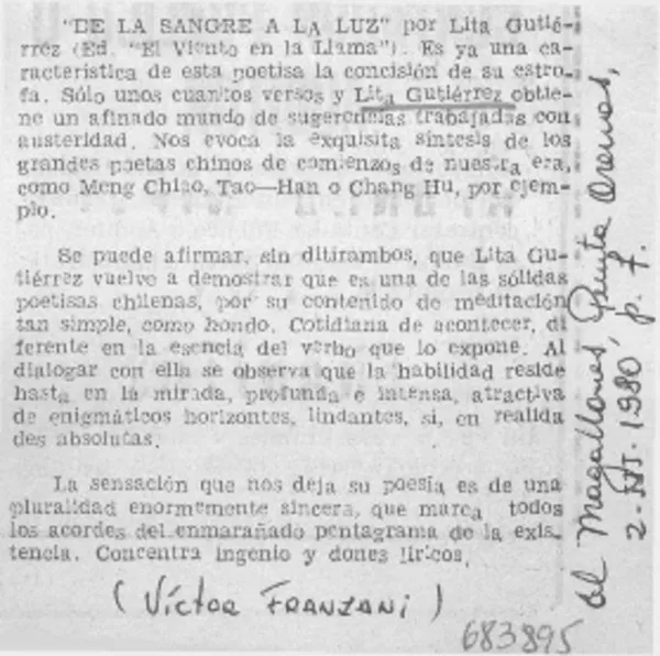 De la sangre a la luz  [artículo] Víctor Franzani.