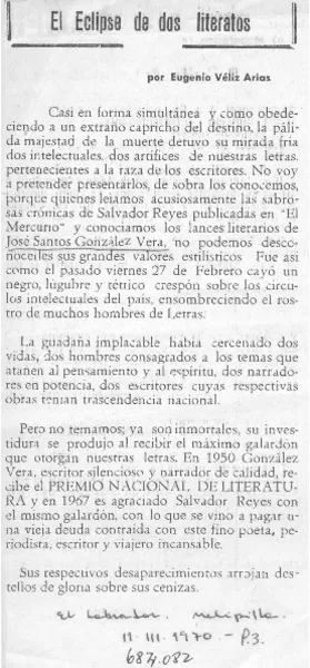 El eclipse de dos literatos  [artículo] Eugenio Véliz Arias.