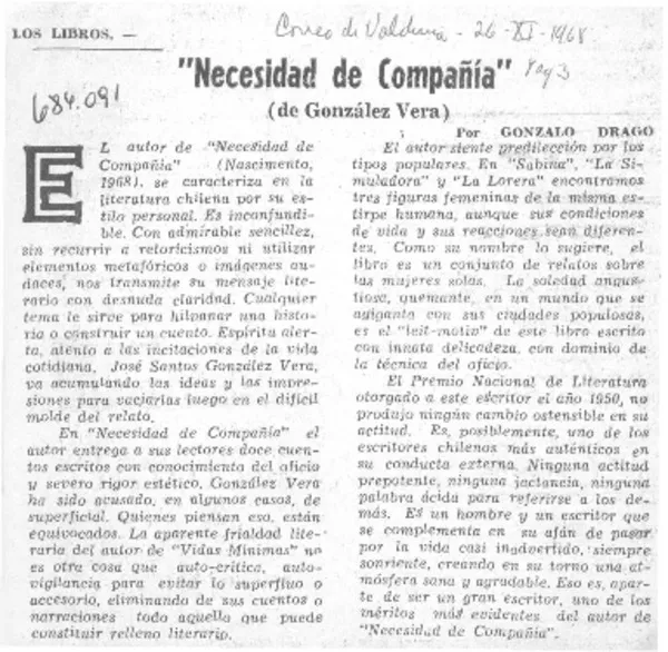 "Necesidad de compañía"  [artículo] Gonzalo Drago.