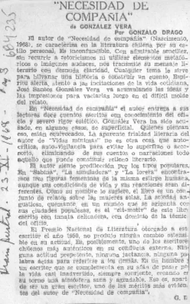 "Necesidad de compañía"  [artículo] Gonzalo Drago.