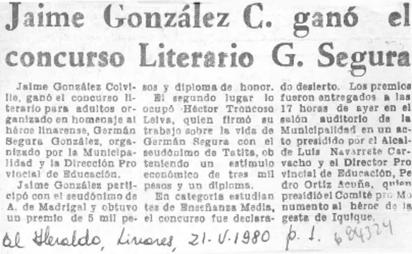 Jaime González C. ganó el concurso literario G. Segura.  [artículo]