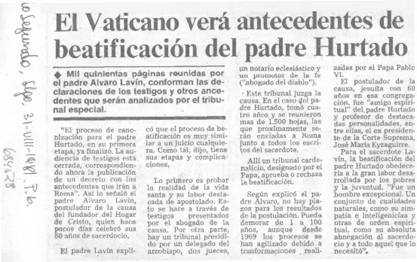 El Vaticano verá antecedentes de beatificación del padre Hurtado.  [artículo]