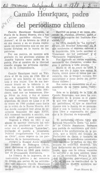 Camilo Henríquez, padre del periodismo chileno  [artículo] Hugo Rivera Q.