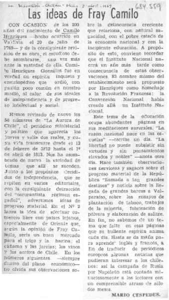 Las ideas de Fray Camilo  [artículo] Mario Céspedes.
