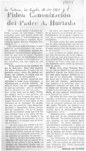 Piden canonización del Padre A. Hurtado.  [artículo]