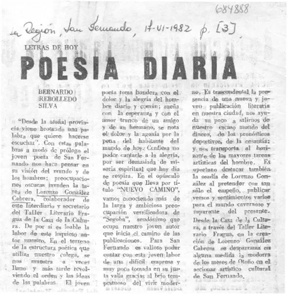 Poesía diaria  [artículo] Bernardo Rebolledo Silva.