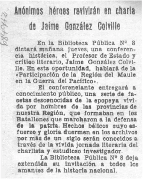 Anónimos héroes revivirán en charla de Jaime González Colville.  [artículo]