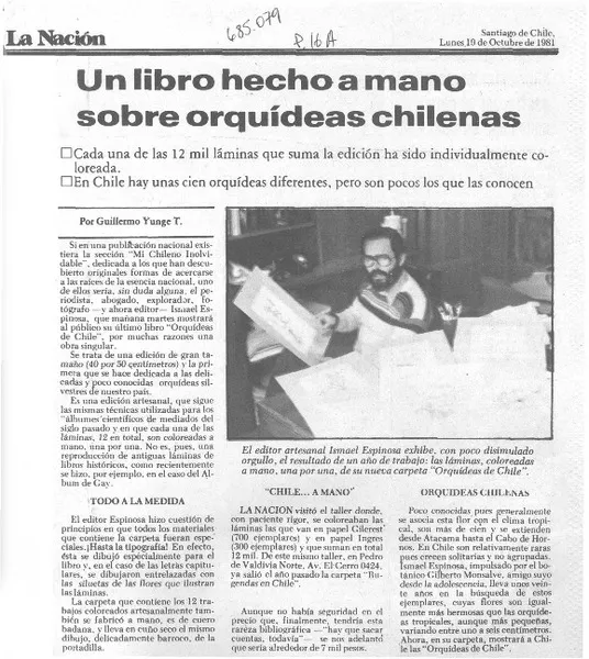 Un libro hecho a mano sobre orquídeas chilenas  [artículo] Guillermo Yunge T.
