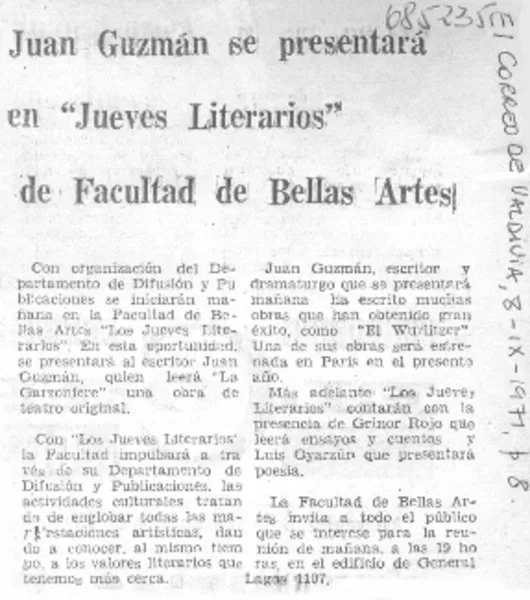Juan Guzmán se presentará en "jueves literarios" de facultad de bellas artes.  [artículo]