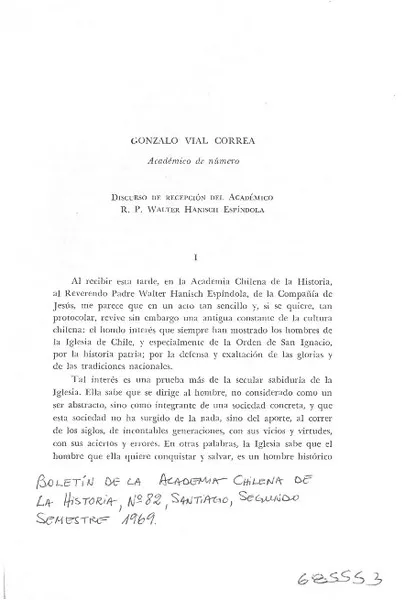 Discurso de recepción del académico R. P. Walter Hanisch Espíndola  [artículo] Gonzalo Vial Correa.