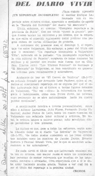 ¡Un Reportaje incompleto!  [artículo] Cronos.
