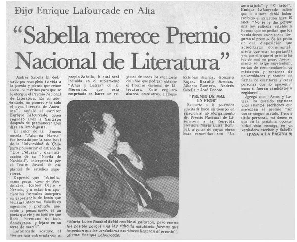 Sabella merece premio nacional de literatura".  [artículo]