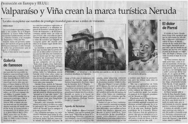 Valparaíso y Viña crean la marca turística Neruda  [artículo] Gonzalo Cruzat.