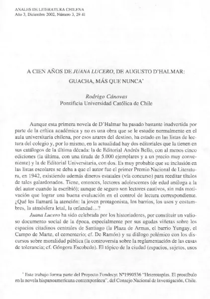 A cien años de Juana Lucero, de Augusto D'Halmar: guacha, más que nunca  [artículo] Rodrigo Cánovas.