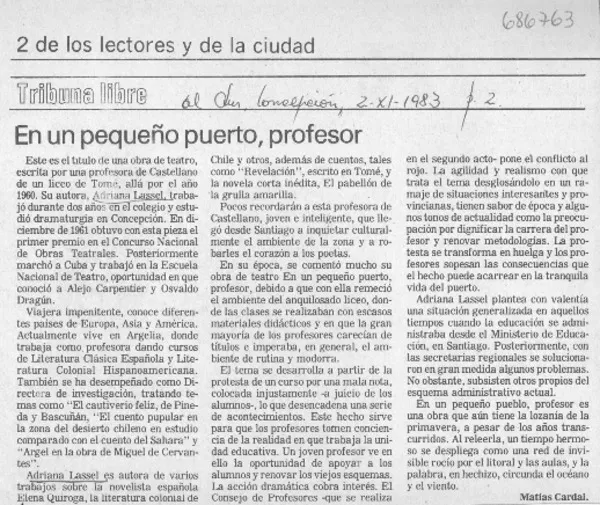 En un pequeño puerto, profesor  [artículo] Matías Cardal.