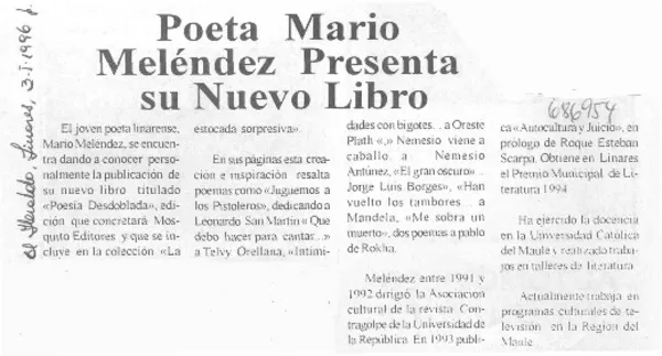 Poeta Mario Meléndez presenta su nuevo libro.  [artículo]