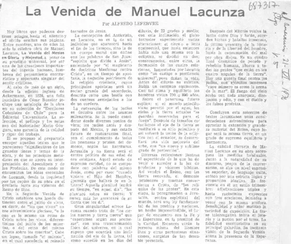La venida de Manuel Lacunza  [artículo] Alfredo Lefebvre.