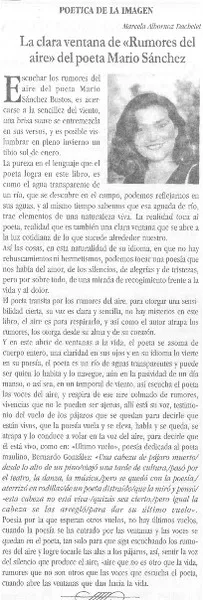 La clara ventana de "Rumores del aire" del poeta Mario Sánchez  [artículo] Marcela Albornoz Dachelet.