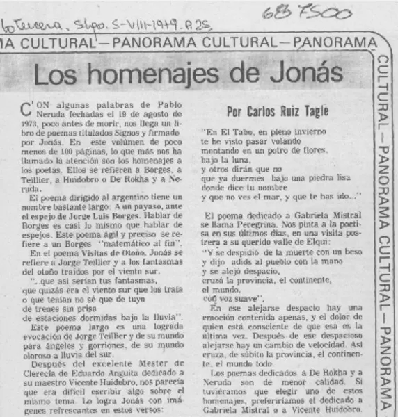 Los homenaje de Jonás  [artículo] Carlos Ruiz Tagle.