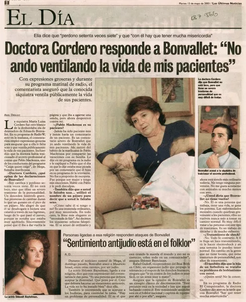 Doctora Cordero responde a Bonvallet: "no ando ventilando la vida de mis pacientes" : [entrevista] [artículo] Ariel Diéguez.