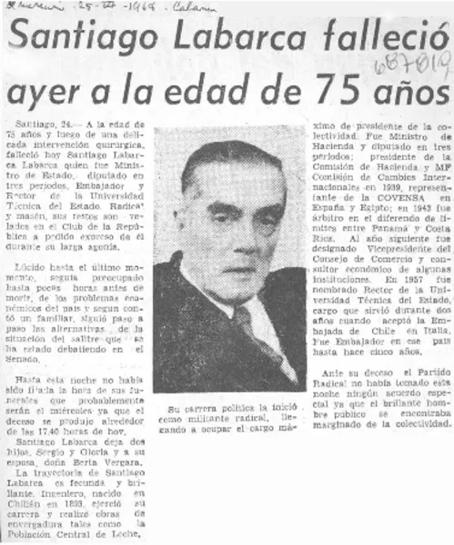 Santiago Labarca falleció ayer a la edad de 75 años.  [artículo]