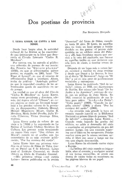 Dos poetisas de provincia  [artículo] Benjamín Morgado.
