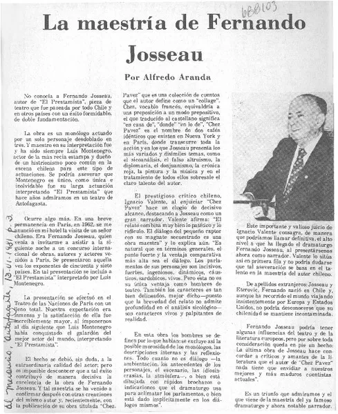 La maestría de Fernando Josseau  [artículo] Alfredo Aranda.
