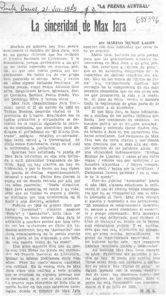 La Sinceridad de Max Jara  [artículo] Marino Muñoz Lagos.